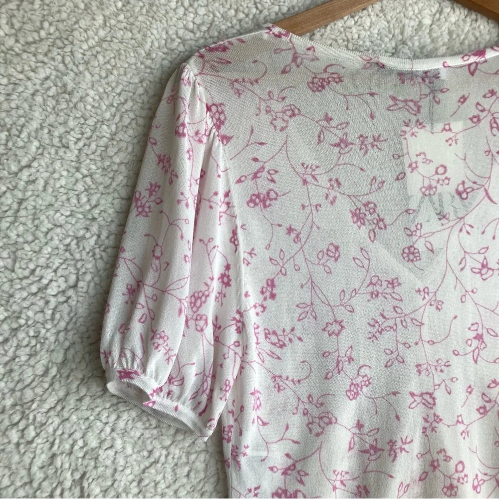 NWT Zara Women's puff short sleeve white floral open front cardigan, Sz L